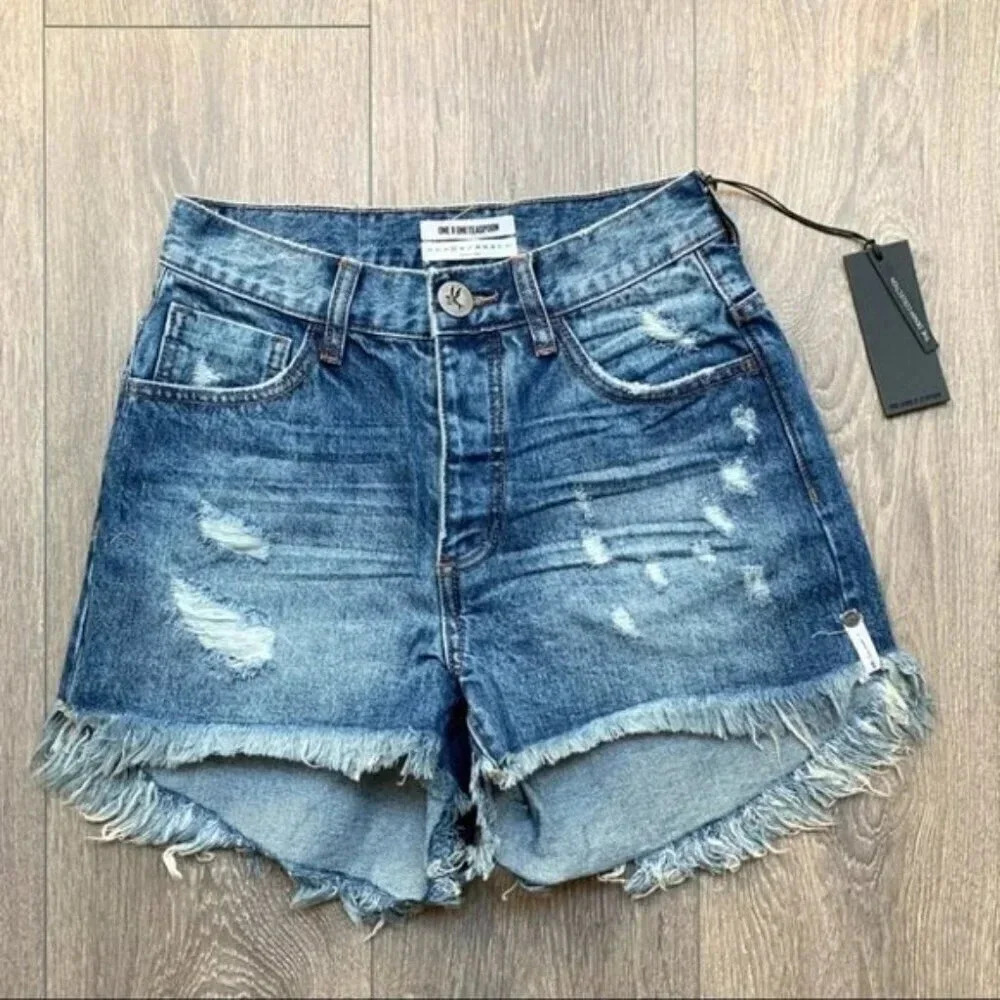 Revolve One Teaspoon High Waist Bonita Jean Short Fringe Blue Distressed Cutoffs - Picture 3 of 15